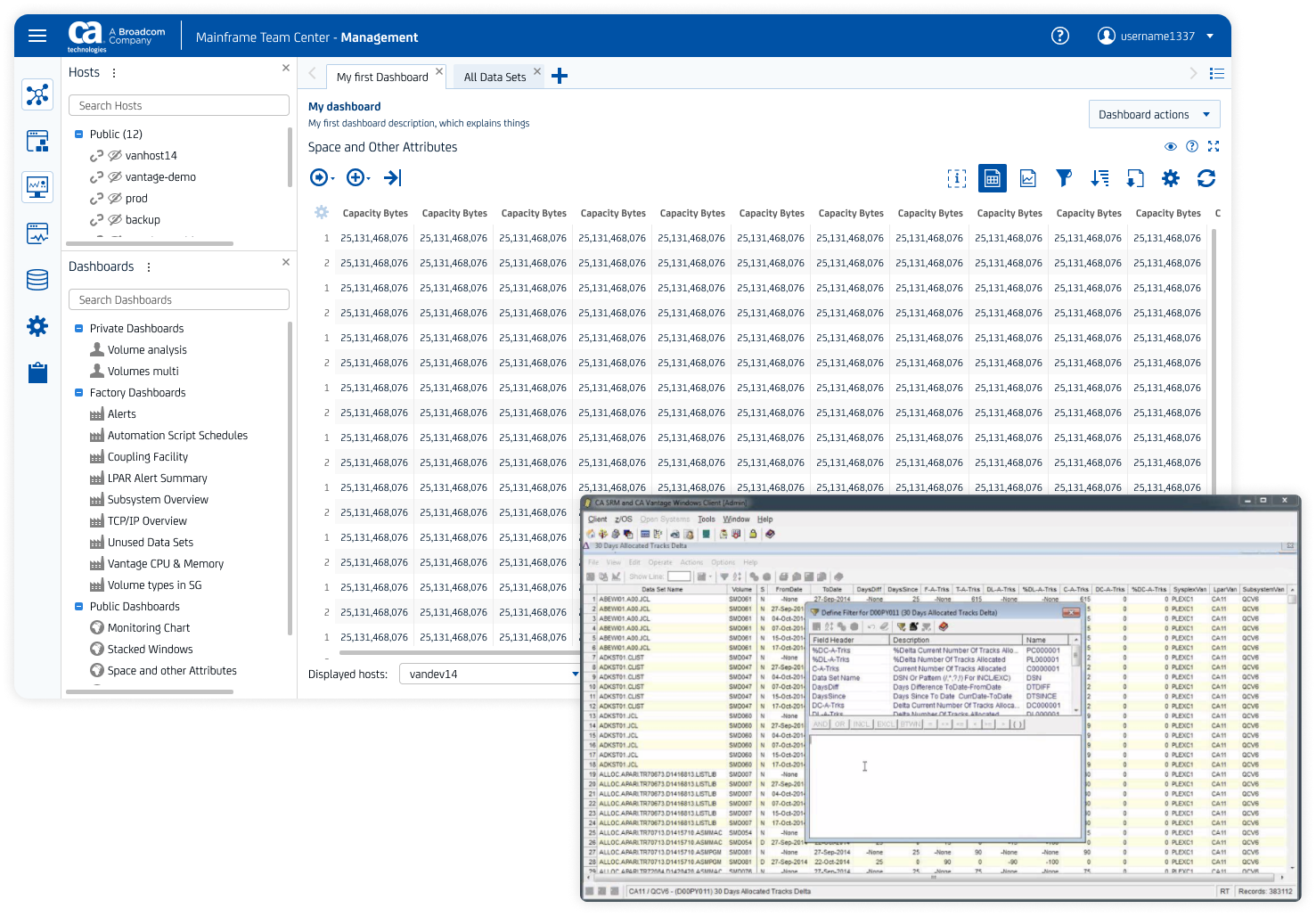 Screenshots of CA Vantage interfaces, one of CA Vantage Web client, one of CA Vantage Windows client.