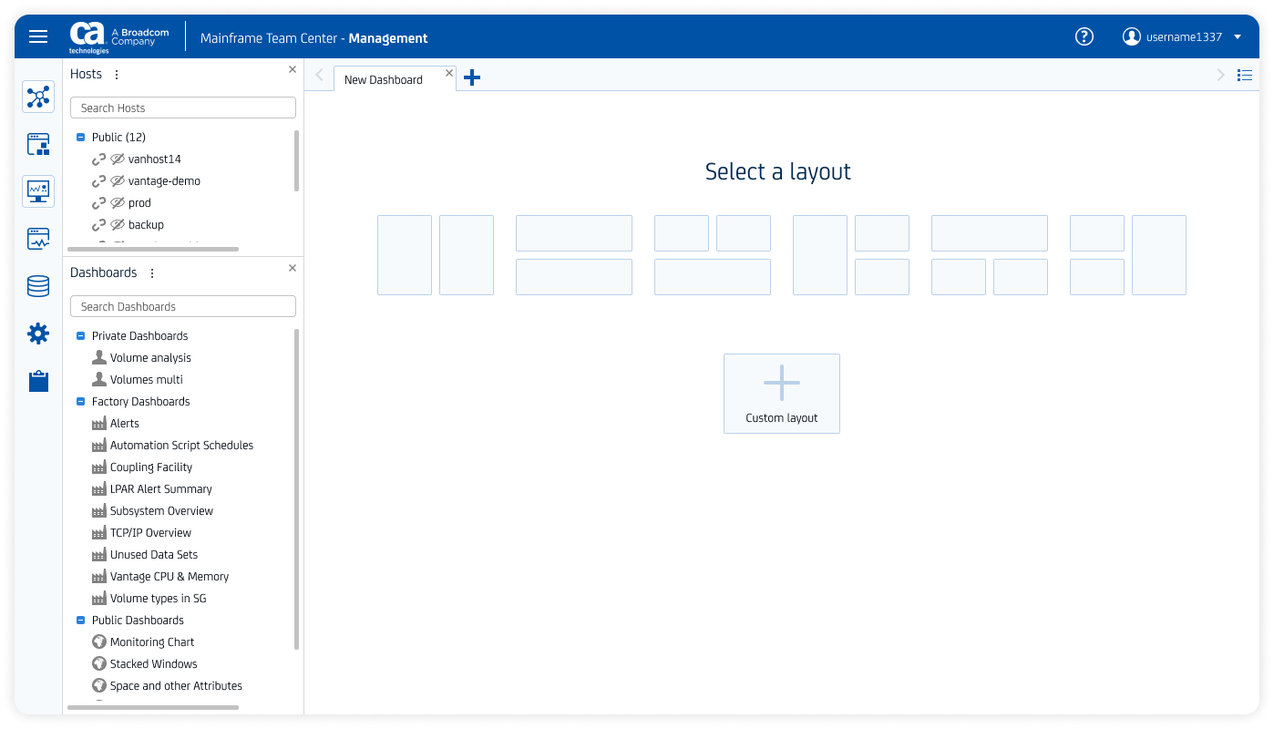 Screenshot of CA Vantage with empty state of dashboard builder.